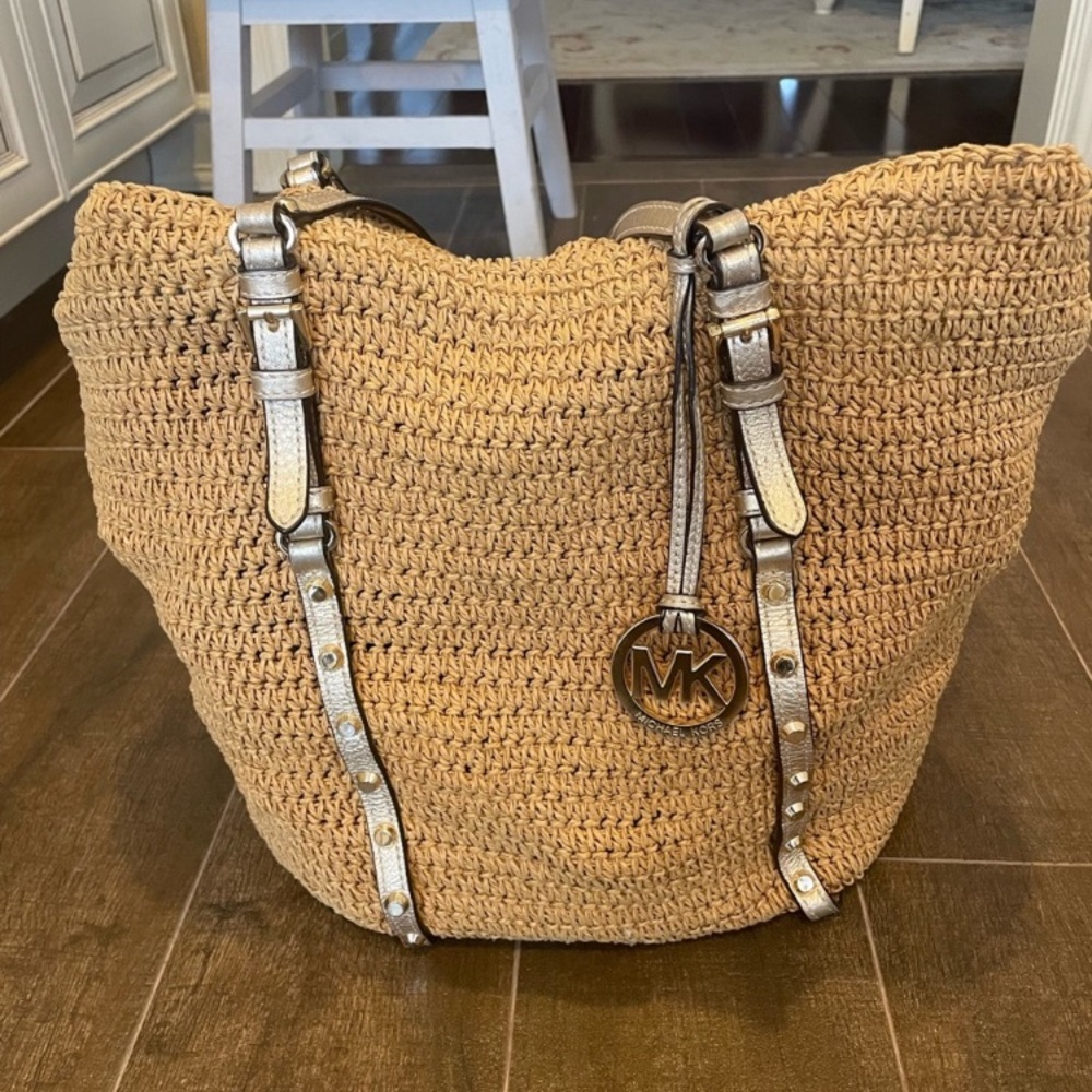 Michael Kors Straw Tote Bag with Metallic Gold Straps